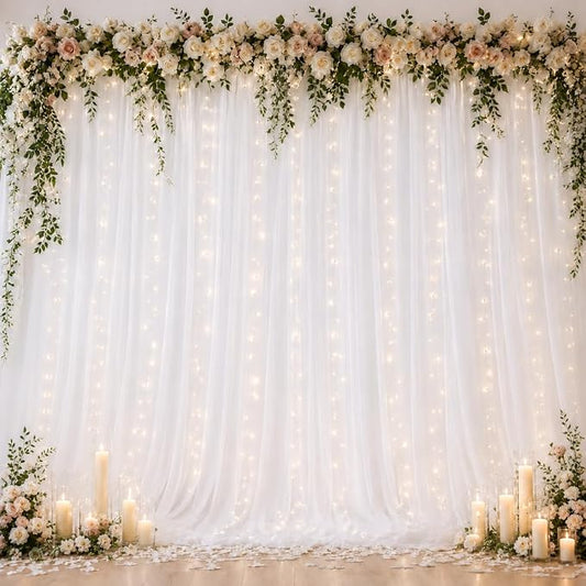 Ledido 3 Pack 10×8ft White Tulle Backdrop Curtains with Lights String - 900LED Fairy Lights Sheer Curtain Backdrop for Wedding Baby Shower Photo Shoot Birthday Party Decoration(6 Panels 5×8ft)，White