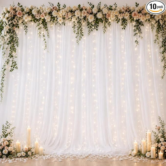 Ledido 4 Pack 10×8ft White Tulle Backdrop Curtains with Lights String - 1200LED Fairy Lights Sheer Curtain Backdrop for Wedding Baby Shower Photo Shoot Birthday Party Decoration(8 Panels 5×8ft)，White