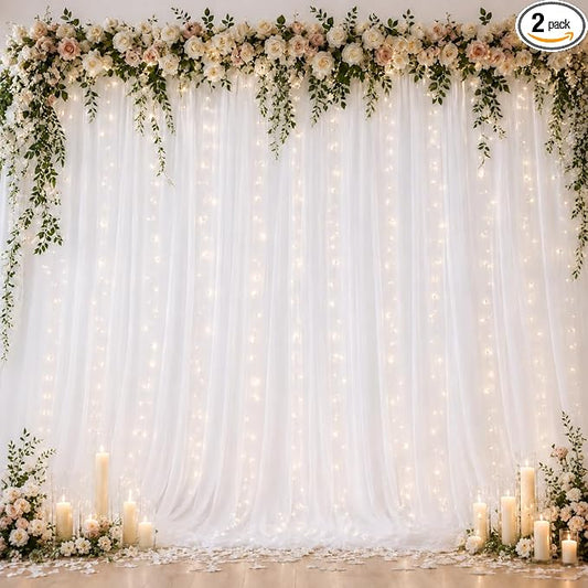 Ledido 10×8ft White Tulle Backdrop Curtains with Lights String - 300LED Fairy Lights Sheer Curtain Backdrop for Wedding Baby Shower Photo Shoot Birthday Party Decoration(2 Panels 5×8ft)，White
