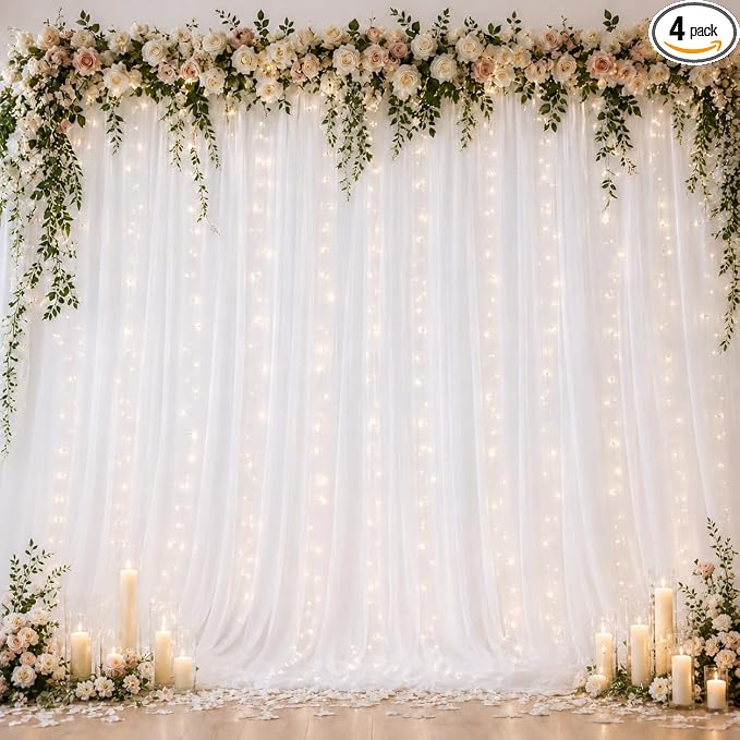 Ledido 2 Pack 10×8ft White Tulle Backdrop Curtains with Lights String - 600LED Fairy Lights Sheer Curtain Backdrop for Wedding Baby Shower Photo Shoot Birthday Party Decoration(4 Panels 5×8ft)，White