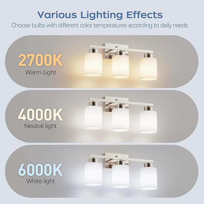 PARTPHONER 3-Light Brushed Nickel Bathroom Light Fixtures, Modern Vanity Light Over Mirror Lighting, Wall Sconce with Frosted Milky White Glass Shades for Bedroom Living Room Kitchen Hallway