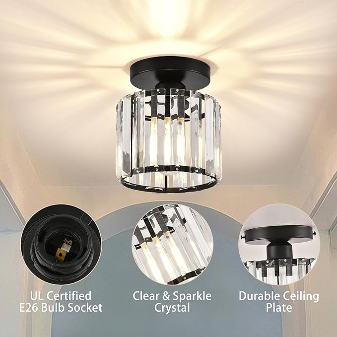 Semi Flush Mount Ceiling Light, Crystal Ceiling Light Black Crystal Chandelier for Kitchen Hallway Entrance Balcony Dining Rooms Living Rooms