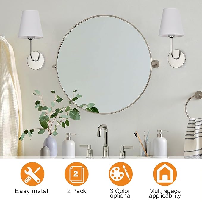 Modern Hardwired Wall Sconces, Set of 2 in Chrome with White Fabric Shades,Farmhouse Light, Living Room, Hallway, Bathroom, Vanity, or Staircase. Sleek, Versatile Lighting
