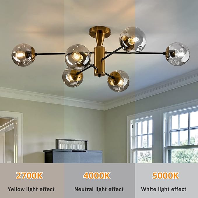 hesoge Modern Semi Flush Mount Ceiling Light Fixture 6-Light Sputnik Gold Chandelier with Glass Globe Mid Century Ceiling Lighting for Dinning Room Farmhouse Kitchen Bedroom Living Room