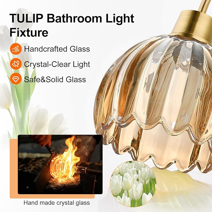 2-Pack Brushed Gold Bathroom Vanity Light, Single-Head Wall Sconce with Ribbed Amber Tulip Glass Shade, Vintage Bathroom Light Fixtures for Bedroom, Hallway & Bedside (Bulbs Not Included)