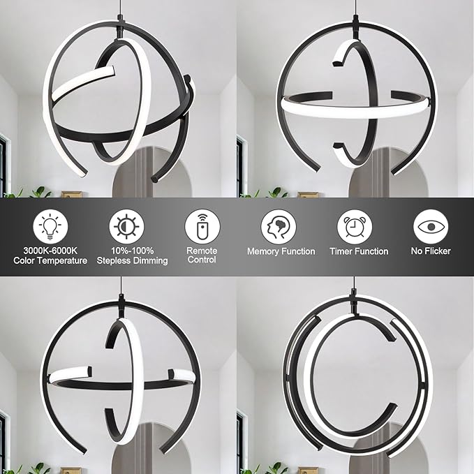 Modern Black LED Chandeliers, Dimmable Globe Pendant Lights Fixture, 13.8" Round Metal Hanging Light for Kitchen lsland, Dining Room Bedroom Foyer Hallway Stairway (3-Pack)