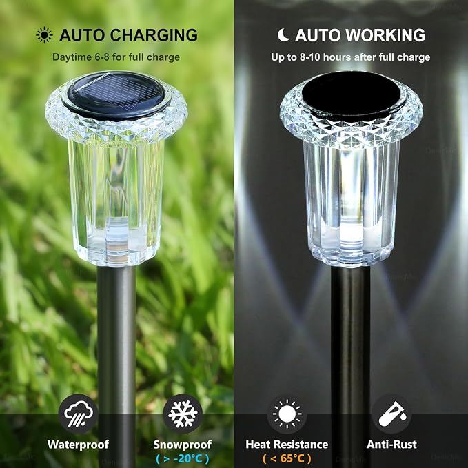 DenicMic Solar Pathway Lights Outdoor Waterproof 6000K Cold White LED Decor | Yard Garden Driveway Walkway Landscape Path Lights Diamond-like Style Starburst Light Pattern, Acrylic/Stainless Steel 15Pack