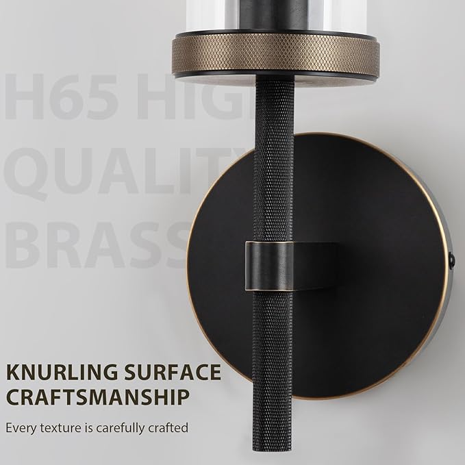 19.5" Knurled Brass Wall Sconces Set of 2, Black Gold Bathroom Vanity Light Fixtures with Clear Glass Tube, Modern Lamp Lighting for Bedroom, Living Room, Hallway, Staircase, Mirror, Kitchen