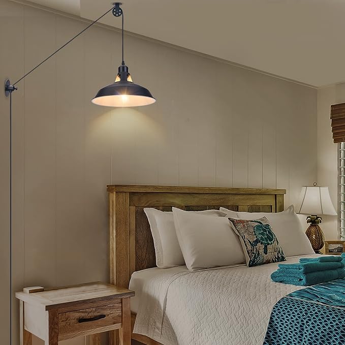 Plug in Pendant Light, Hanging Lamp with Black Barn Pendant Lighting with 14.76ft Cord On/Off Switch, Adjustable Pulley Hanging Pendant Lighting for Kitchen Bedroom Restaurant 2 Pack