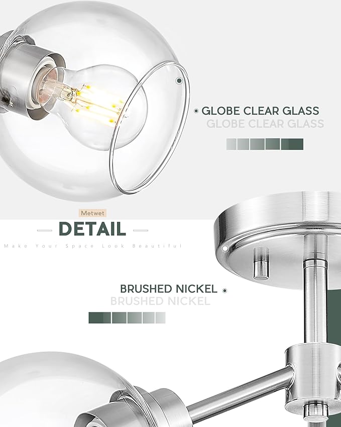 3-Light Semi Flush Mount Ceiling Light, Modern Light Fixtures Ceiling Mount with Globe Clear Glass Shade, Brushed Nickel Light Fixtures for Kitchen Entryway Hallway Bedroom, SM195-BN-3