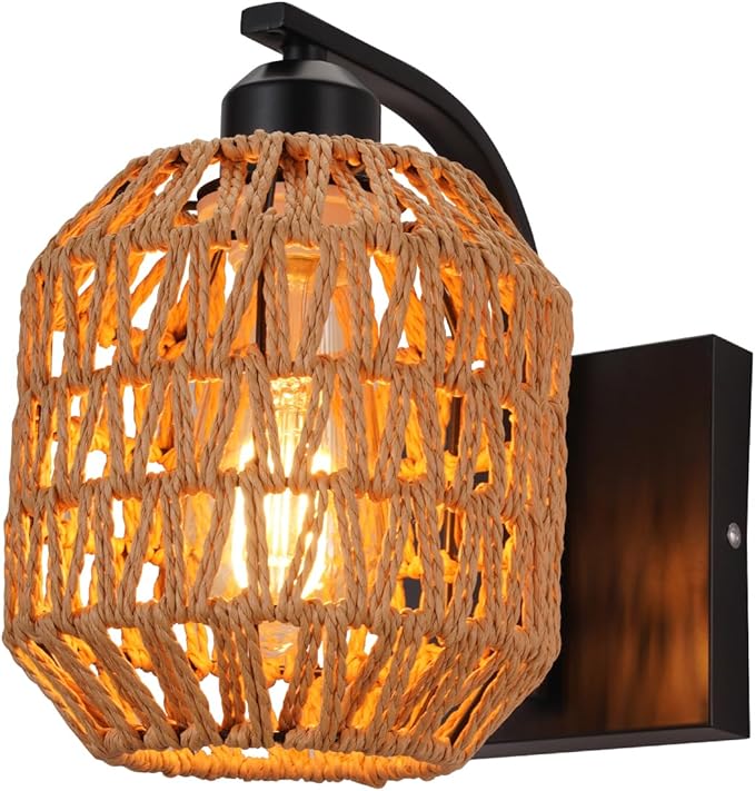 lobolighting Boho Rattan Wall Sconces Hardwired Hand-Woven Farmhouse Wall Lamps Indoor Rustic Wall Mount Light Fixtures for Bedroom Living Room Nursery Hallway 1Pack