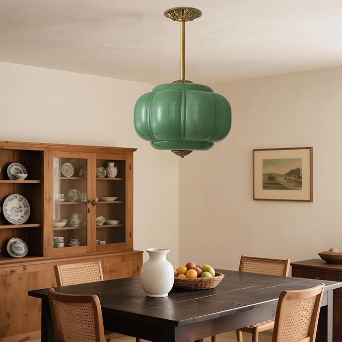 Green Milk Glass Ceiling Light Fixture,Milk Glass Pendant Light ,Semi Flush Mount Pendant Light Vintage Schoolhouse Ceiling Light for Kitchen Island, Living Room, Dining Room, Bedroom (Green, 15 Inch)