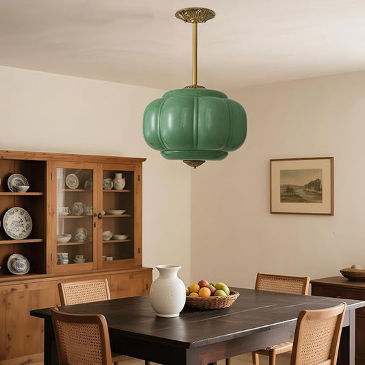 Green Milk Glass Ceiling Light Fixture,Milk Glass Pendant Light ,Semi Flush Mount Pendant Light Vintage Schoolhouse Ceiling Light for Kitchen Island, Living Room, Dining Room, Bedroom (Green, 15 Inch)