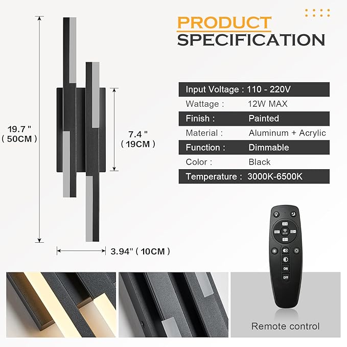 Benkut Modern LED Wall Sconce Black Remote Wall Light Fixtures for Bathroom, Dimmable Vanity Light Indoor LED Remote Wall Sconce for Bedside Bedroom Living Dining Room (1 Pack 3000-6500K 19.7inch)