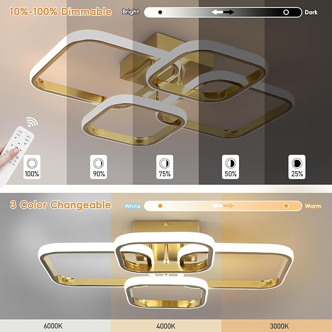 Dimmable Modern Ceiling Lights, 4-Square Flush Mount Ceiling Lighting with Remote Control, 3000K-6000K Gold LED Ceiling Light Fixtures for Bedroom, Dining Room,Kitchen