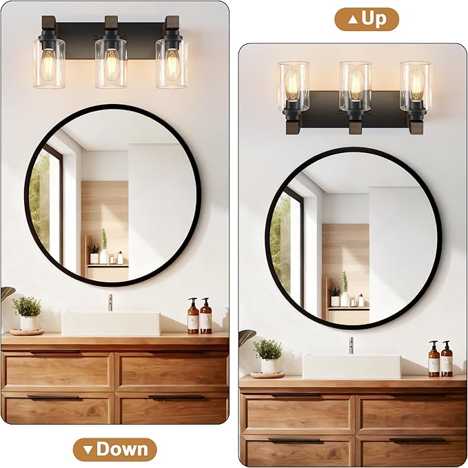 Farmhouse Bathroom Vanity Light Fixtures, Rustic 3-Light Wood Vanity Lights for Bathroom, Vintage Black Wall Sconces Lighting, Light fixtures Over Mirror, with Glass Shade