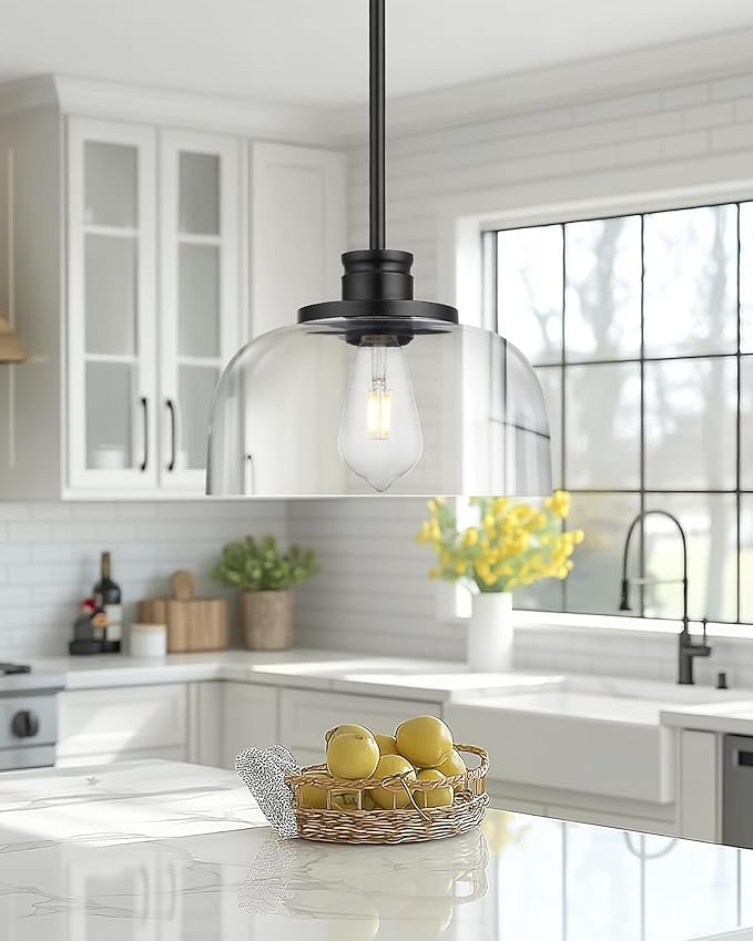 Emak 2 Pack Glass Pendant Light, Modern Farmhouse Black Pendant Lights Kitchen Island, 10 Inch Hanging Light Fixture for Kitchen Island, Dining Room, Bathroom, Bar, PL131-BK-CG-2PK