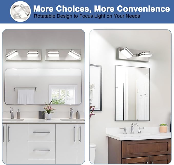 360° Rotate 2-Light LED Bathroom Vanity Light Fixtures, 900LM Acrylic Brushed Nickel Vanity Lights for Bathroom, Modern Wall Lighting Fixtures Over Mirror Kitchen Living (Natural White Light 5000K)