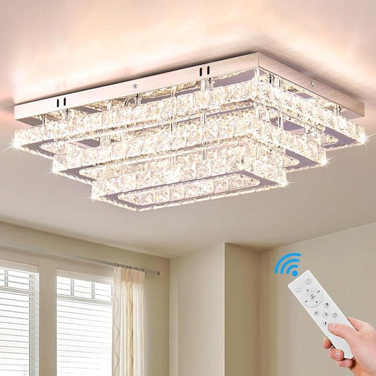 Finktonglan Modern Crystal LED Ceiling Light Fixtures 20” Dimmable Rectangular Flush Mount Chandelier Ceiling Lights 3-Tiers Stainless Steel Ceiling Lamp Fixtures for Living Room Bedroom Dining Room