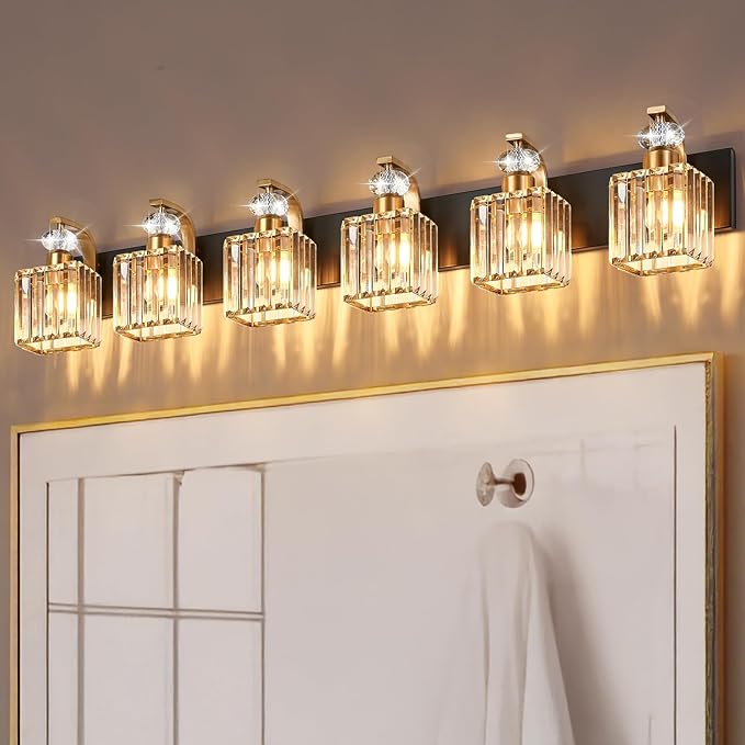 Modern Bathroom Vanity Light, 6-Light Black Gold Bathroom Lighting Fixtures Over Mirror, 44.1" Crystal Wall Light Sconce for Bathroom/Bedroom/Vanity, Includes LED Bulbs, Easy Installation