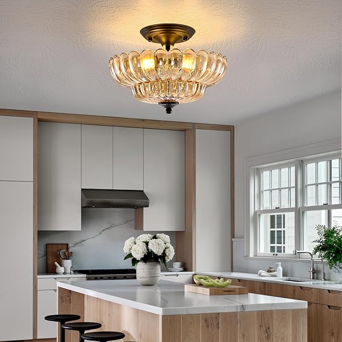 HuixuTe Modern Semi Flush Mount Ceiling Light, 3-Light Black Close to Ceiling Light Fixture with Amber Glass Shade for Living Room Entryway Bedroom