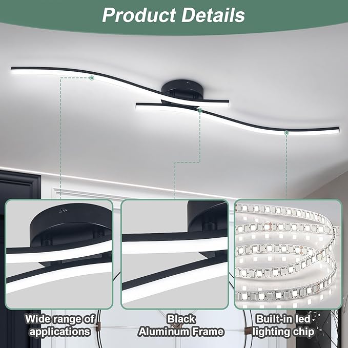 28W Linear Ceiling Light Black Modern LED Ceiling Light Fixture 6000K Aluminum 39.37Inch Long Ceiling Lamp for Hallway, Kitchen, Bedroom, Dining Room