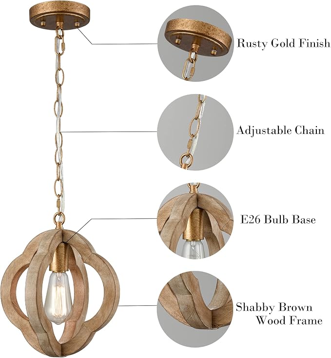 SAMTEEN Farmhouse Wood Pendant Lights Kitchen Island, Vintage Wooden Pendant Lighting Rustic 1-Light Wood Hanging Ceiling Light Fixture for Hallway Bedroom Entrance, Adjustable Chain