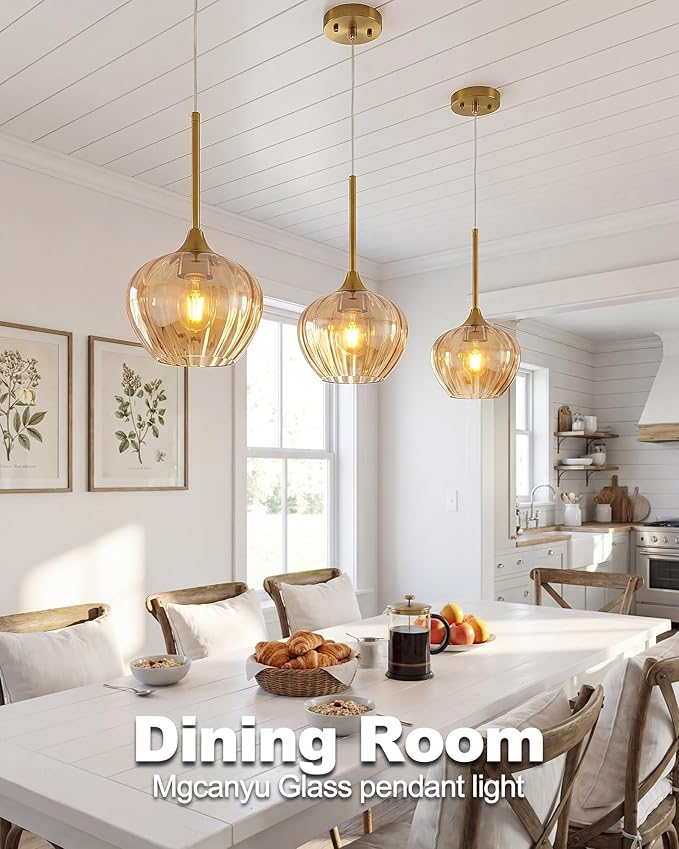 2-Pack Amber Glass Pendant Lights for Kitchen Island, 7" Modern Pendant Lighting Vintage Gold Light Fixtures Adjustable Hanging Light for Kitchen, Dining Room, Bar, Bathroom
