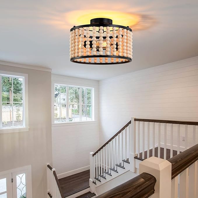 Farmhouse Boho Light Fixture, 3-Light Wood Beaded Chandelier, Black Semi Flush Mount Ceiling Light for Dining Room, Kitchen, Hallway, Bedroom, Living Room