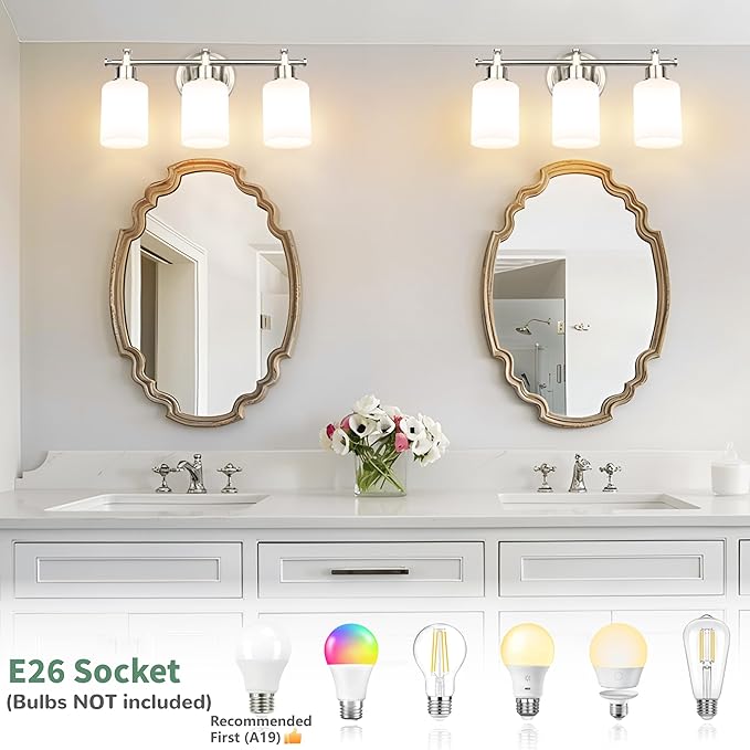 3-Light Bathroom Vanity Light Fixture, Brushed Nickel Compact Vanity Light with White Frosted Glass Shades for Mirror, Bathroom, Living Room, Modern Style, E26 Base, 16 Inch