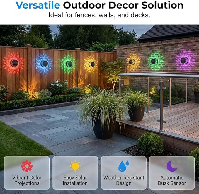Decorative Solar Mandala Lights, Metal Solar Powered Outdoor Wall Lights Solar Powered Deck Step Stair Lights, Waterproof Mandalas Fence Light for Garden Post Patio Backyard Yard Decor (4, Flower)