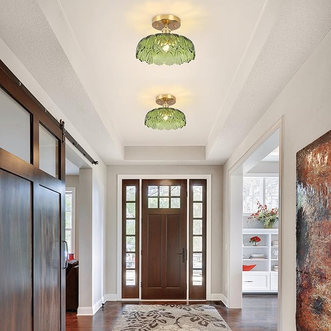 Flush Mount Ceiling Light,Green Hallway Lights Fixture Ceiling,9.4" Flower Light E26 Vintage Light Fixtures for Porch Corridor Bedroom