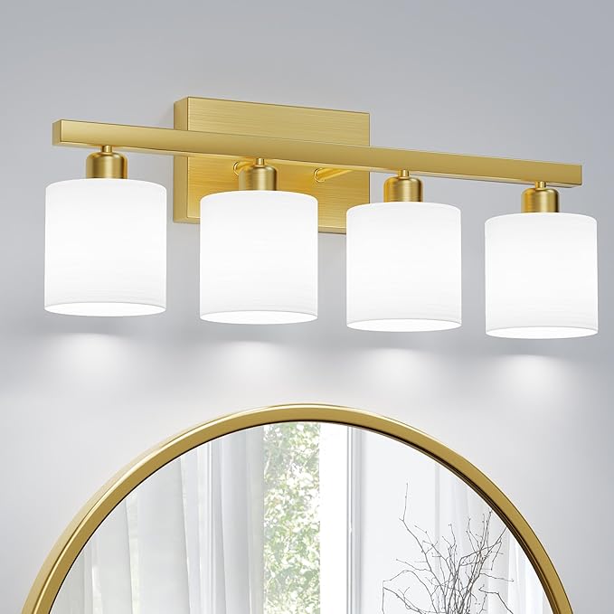 PARTPHONER Bathroom Light Fixtures, Bathroom Lighting Fixtures Over Mirror, Interior Classic Vanity Lights, Modern Vanity Light with Textured White Glass Shade, Brushed Gold, 4-Light