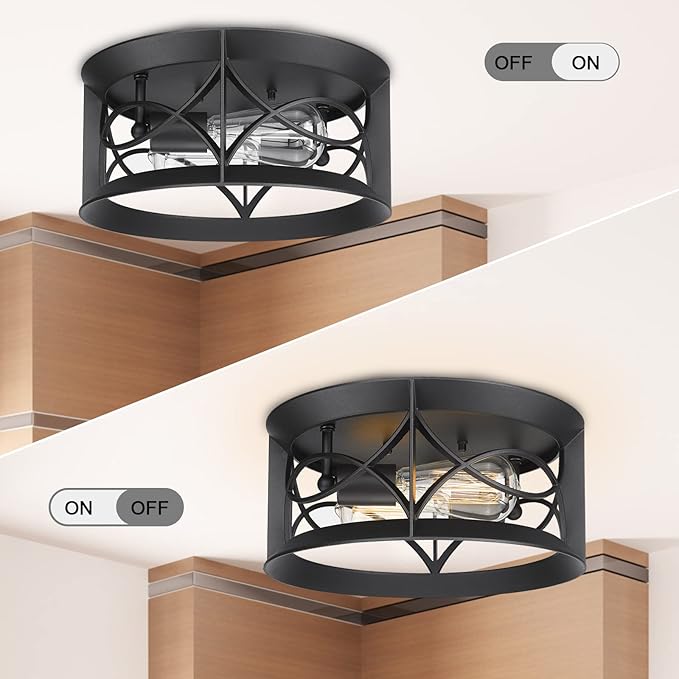 Darkaway Ceiling Light Fixtures Vintage Industrial Matte Black, Farmhouse Flush Mount Ceiling Light for Outdoor Porch Hallway Kitchen Dining Room Bedroom 2-Light E26