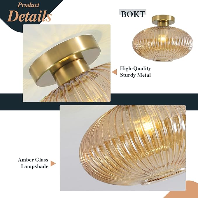BOKT Brass Gold Semi Flush Mount Ceiling Lighting Amber Modern Schoolhouse Light Fixture Globe Glass Industrial Close to Ceiling Light with Glass Shade for Bathroom Entryway Farmhouse