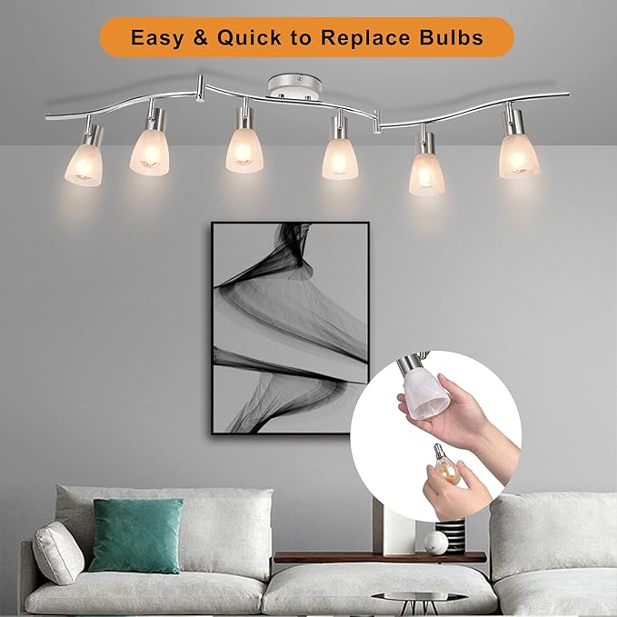HiBay Ceiling Track Lighting 6-Light, Adjustable Modern LED Spot Light Fixtures with Glass Shade, Directional Spotlight for Kitchen Living Room Bedroom Hallway, Incl. 6X 4W E12 Bulbs