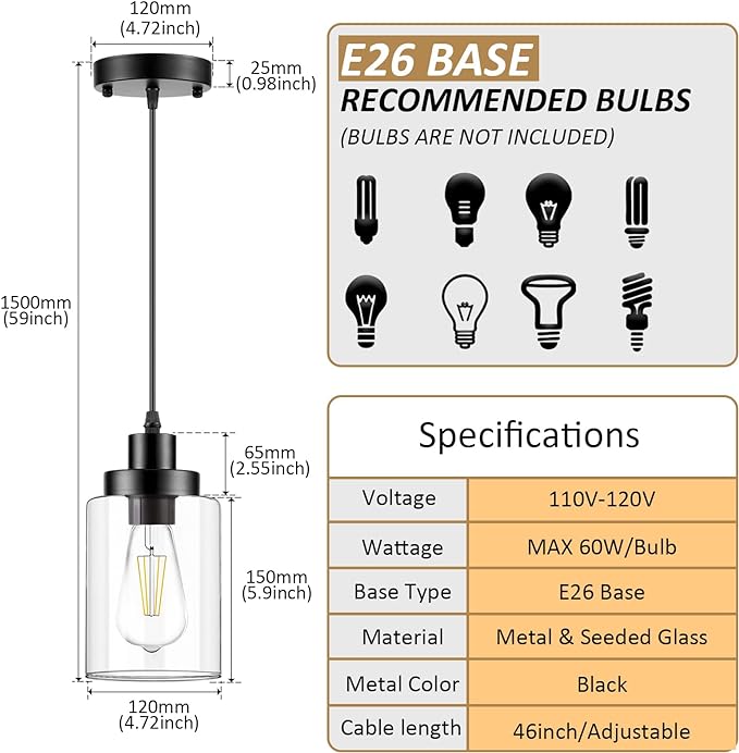 Industrial Pendant Lighting, Modern Clear Glass Shade Farmhouse Adjustable Hanging Light Fixtures for Kitchen Island Living Room Bedroom Hallway, 3-Pack