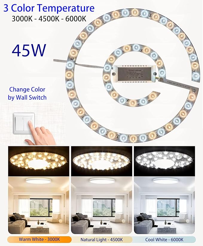 45W LED Close to Ceiling Flush Mount Fan Fandelier Retrofit Light Kit Replacement Engine Panel Board Light Bulb, 3CCT 3000K/4500K/6000K (45W)