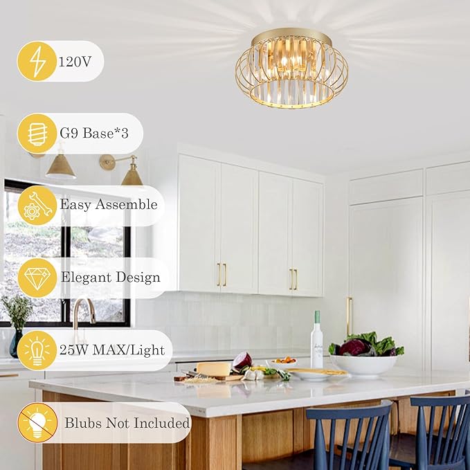 3-Light Modern Crystal Chandelier Gold Flush Mount Ceiling Light Fixtures for Hallway Foyer Bedroom Kitchen Dining Room Living Room, Metal Indoor ‎Close to Ceiling Lamp