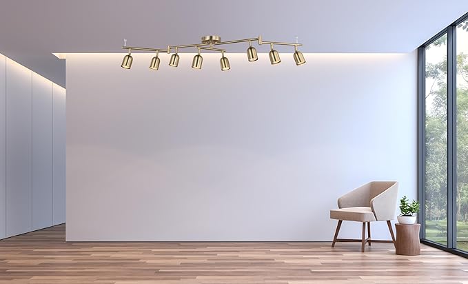 8 Light Modern Track Lighting Fixtures, Matte Brass Center Rotatable Bar Ceiling Spotlight, Foldable Arms Track Lighting Kit for Kitchen,Dining,Living Room Bedroom,GU10 Bulb Not Included