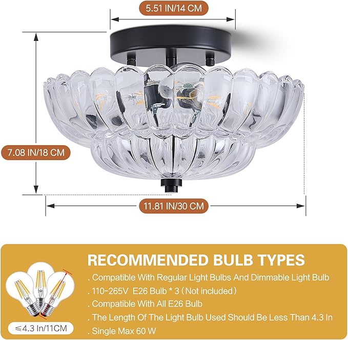 3-Lights Mid Century Modern Vintage Semi Flush Mount Ceiling Light Fixture,Black Surface Treatment,Clear Flower Glass,for Hallway Bedroom Bathroom Foyer Closet Entryway Laundry Room(11.81 in)