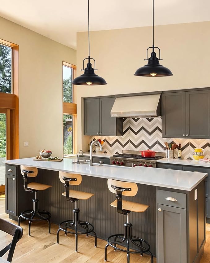 Farmhouse Pendant Lighting for Kitchen Island 2 Pack,Black Pendant Light with Handle, Adjustable Height Industrial Ceiling Light Fixture for Hallway Dining Room Restaurant