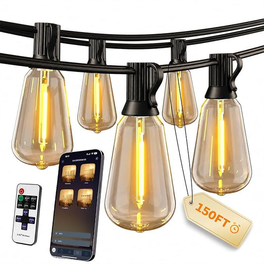 Ecoeve150ft LED Outdoor String Lights Compatible with APP and Remote Control,with Timer Function dimmable, 4 Scene Modes, Warm White Waterproof LED Bulbs, Suitable for Patio and Backyard Decoration