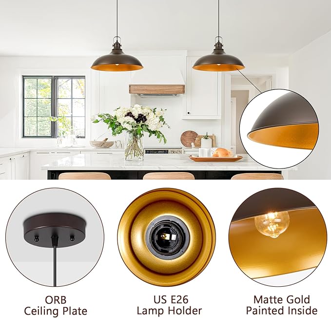 Refice 17 Inch Farmhouse Pendant Lights Kitchen Island Oil Rubbed Bronze Pendant Lighting Industrial Dome Island Pendant Lights, Adjustable Height, Hanging Lights, Dining Room, Barn