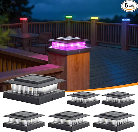 APONUO 6 Pack Solar Post Cap Lights Color Changing - 8 Solid Colors & Flowing Multicolor, IP65 Waterproof for 4x4 Wood/Vinyl Posts, Auto On/Off Deck Fence Patio Garden Lighting, Black