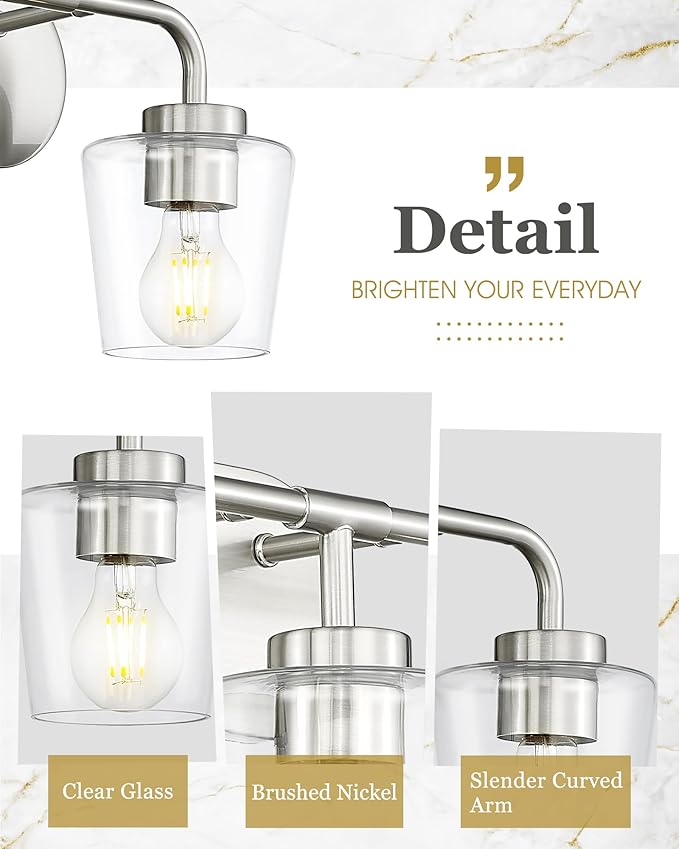 Bathroom Light Fixtures, 3-Light Brushed Nickel Vanity Lights Over Mirror with Clear Glass, Modern Vanity Lighting Fixtures, AD-22004-3W-SN-C