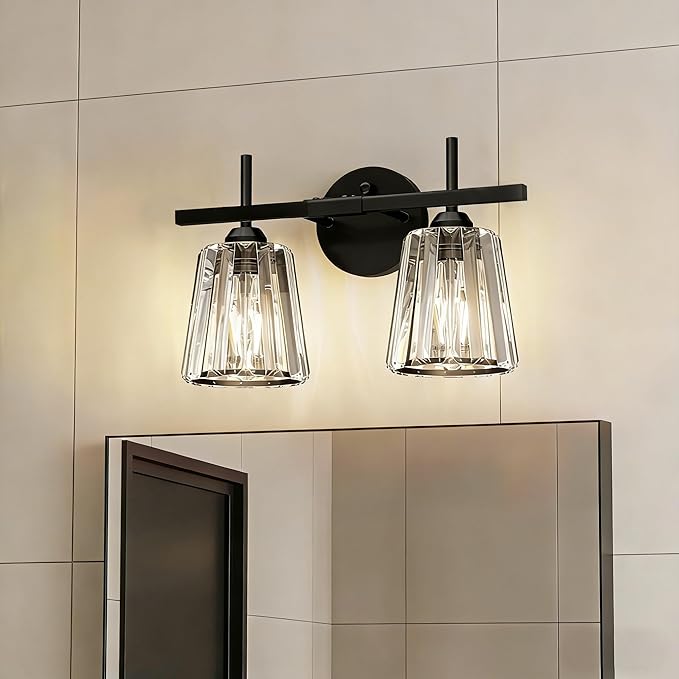 Crystal Bathroom Light Fixtures, Black 2-Light Bathroom Lighting Fixtures Over Mirror, Modern Vanity Lights Over Mirror with E26 Base (Bulbs Not Include)
