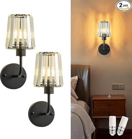 KARTOOSH Hardwired Crystal Wall Sconces Set of Two - Dimmable Wall Light Fixtures 3000K, Warm White, for Hallway, Bathroom, Living Room, Bedroom, Black, 13 Inch