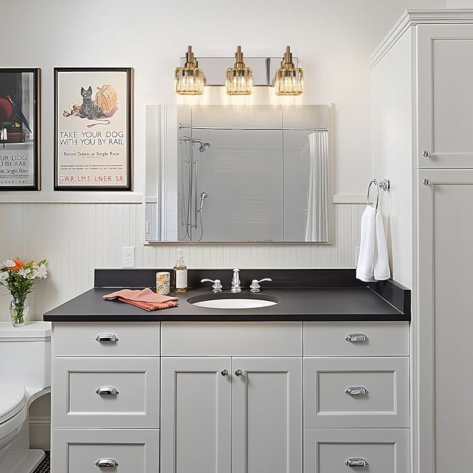 Crystal Bathroom Vanity Light Gold Chrome 3-Light Modern Bathroom Lighting Fixtures Over Mirror Square Wall Sconce