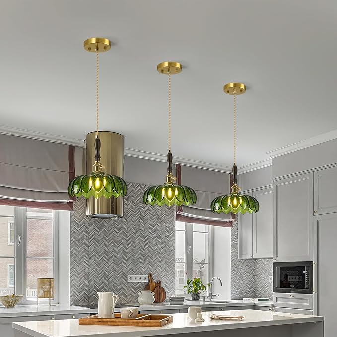 Modern Green Glass Pendant Light Retro Flower Glass Hanging Lamp Gold Brass Decorative Adjustable Ceiling Hanging Light Suitable for Kitchen Island Bedroom Dining Room Living Room